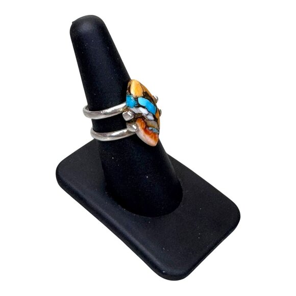 Southwestern Sterling Silver Marquise Inlay Ring Turquoise Spiny Oyster Shells 7 - Picture 3 of 9